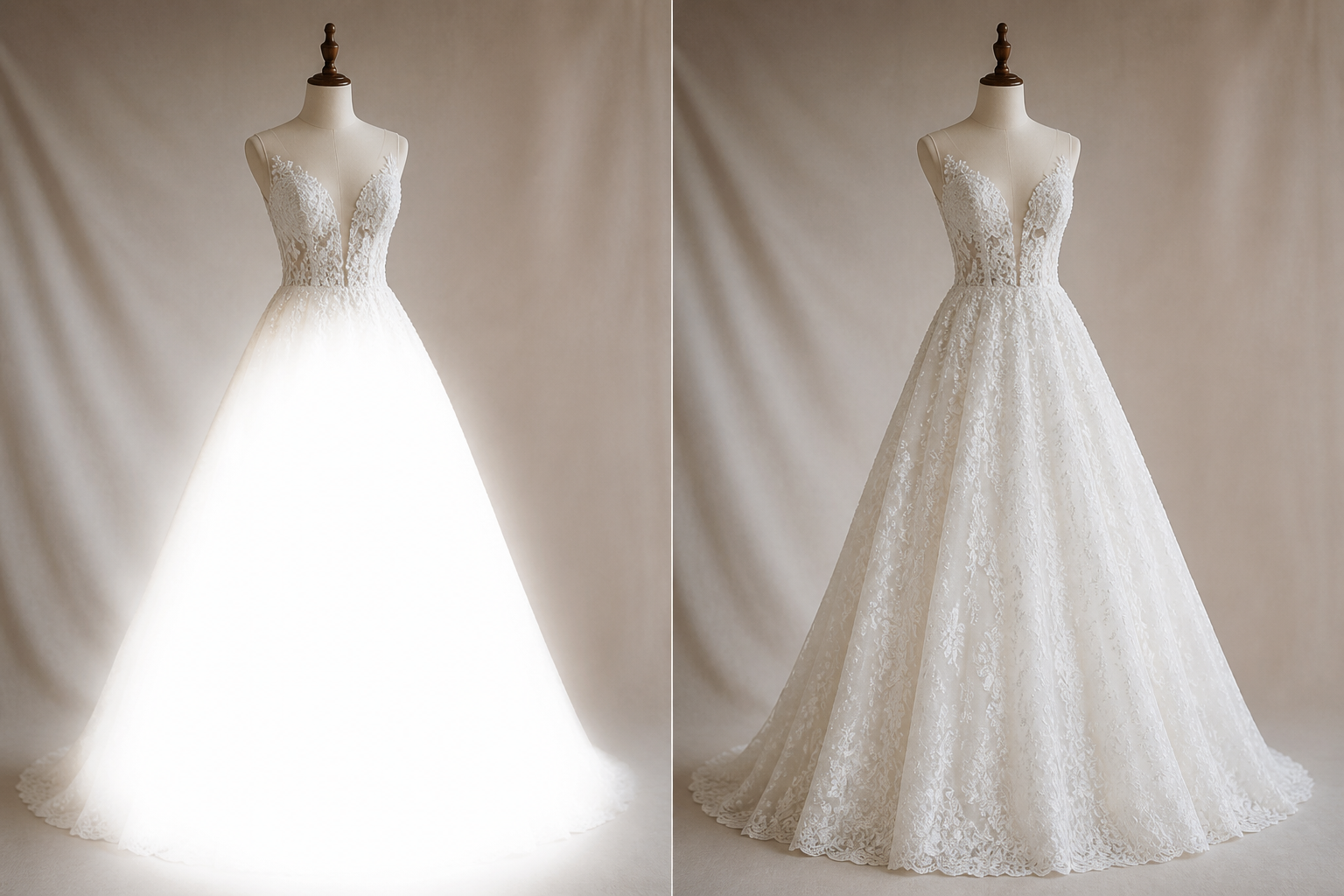 Before and after: wedding dress photo with a blown-out white skirt patch corrected to show full lace and beading detail