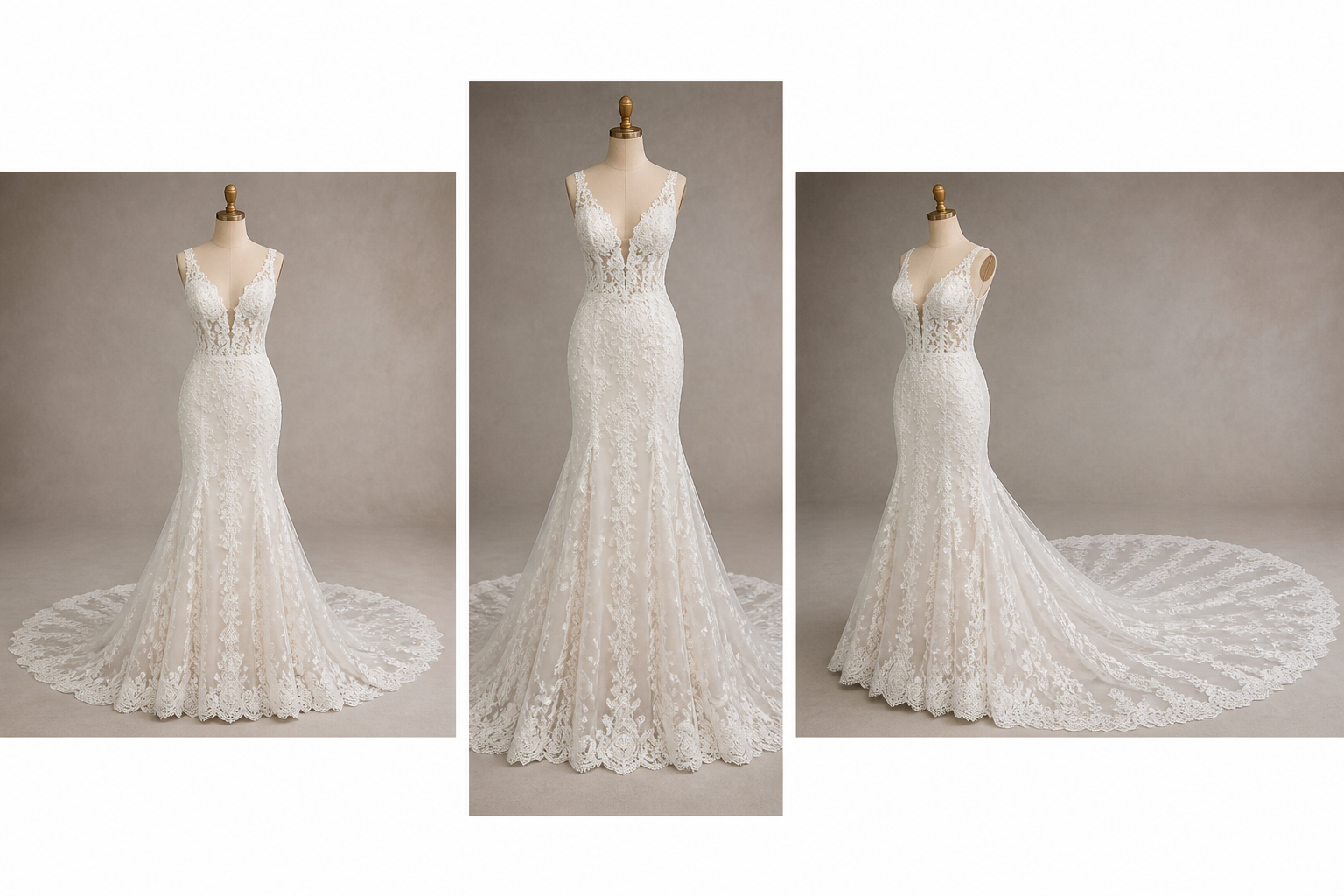 Wedding dress photo fanned out into three ad formats: square feed post, vertical Story crop, and horizontal Display banner