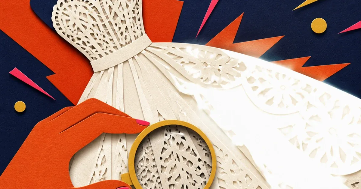 Paper-cutout illustration of a wedding dress with a blown-out lace section being examined and restored under a magnifying loupe