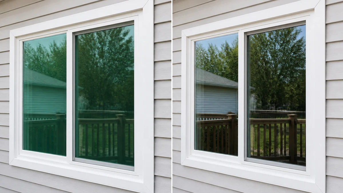 Illustrative before and after comparison of a window with a green Low-E tint on the left and clear neutral glass on the right