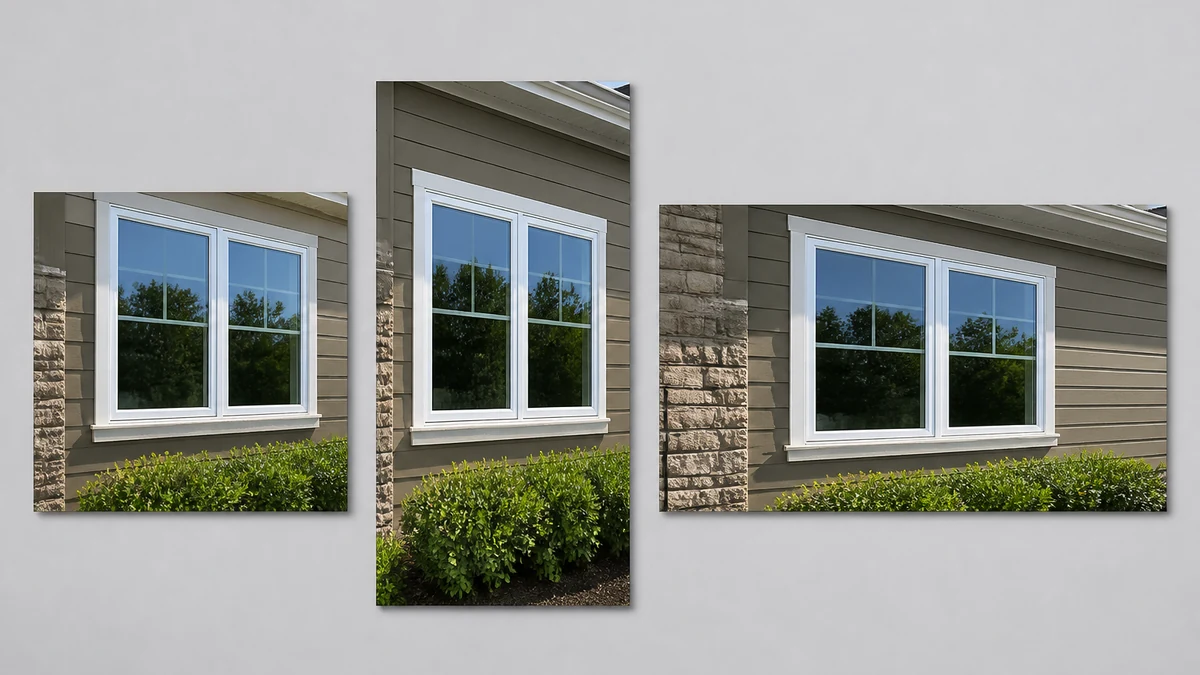 Illustrative mockup of the same corrected window photo shown in square, vertical, and landscape ad crop formats