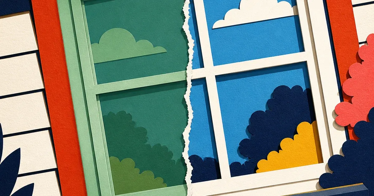 Paper-cutout style illustration of a window split by a torn edge, left half green-tinted glass, right half clear blue glass