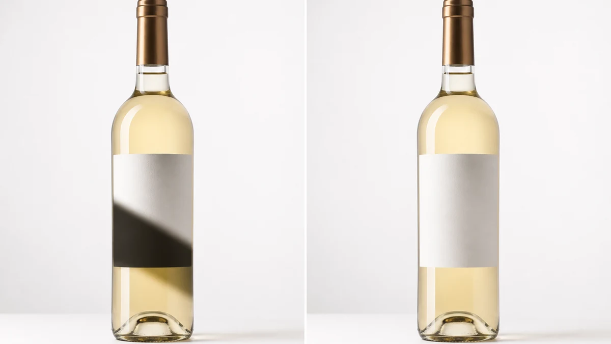 A split-frame photo of a generic wine bottle: left side shows a hard dark band cutting across the lower label and glass body, right side shows the same bottle with the band corrected and the label fully legible