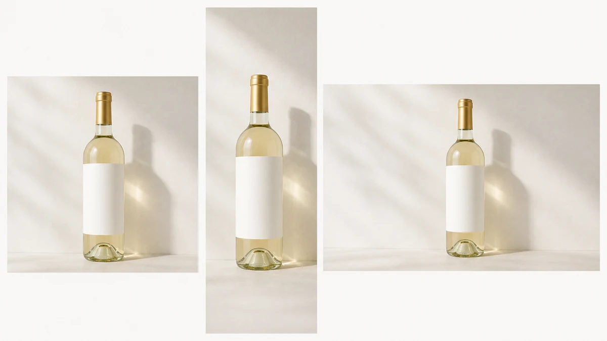 A flat-lay mockup of the same corrected generic wine bottle photo shown as a square feed crop, a vertical story crop, and a wide landscape crop