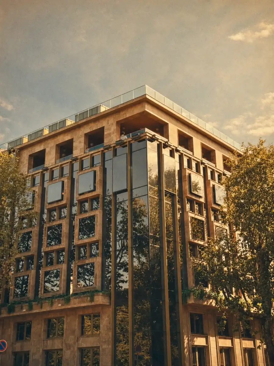Coinis HQ office building exterior at golden hour with stone and glass facade