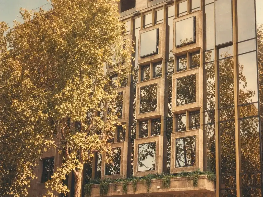 Coinis HQ exterior with reflective windows seen through tree canopy