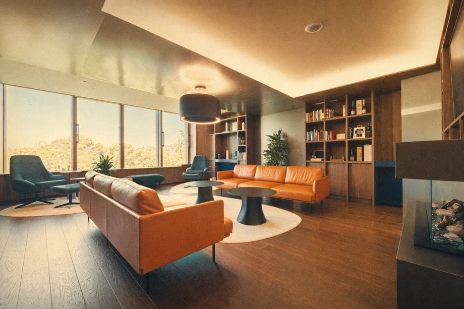 Executive lounge with orange leather sofas, bookshelves, and landscape view at Coinis HQ