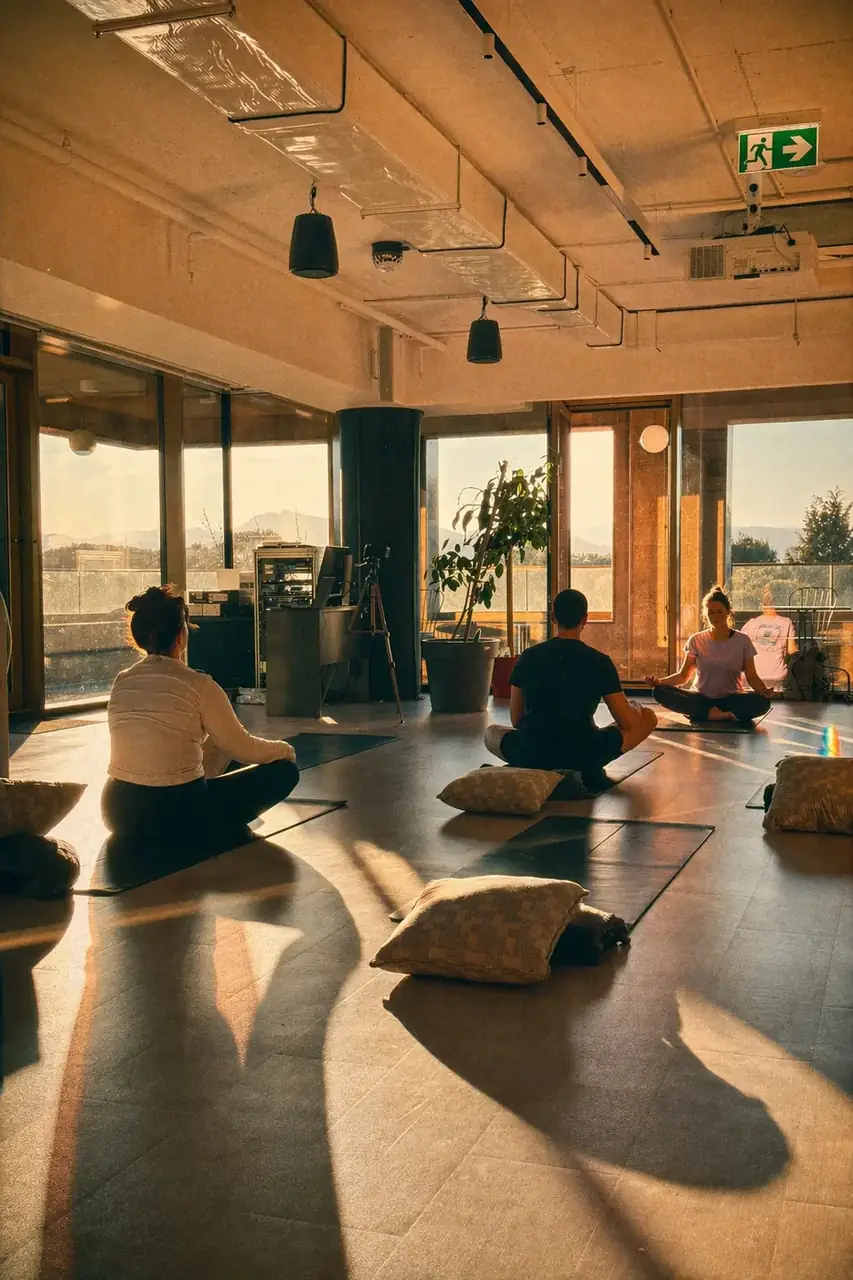 Coinis teammates in a quiet midday meditation session at the office