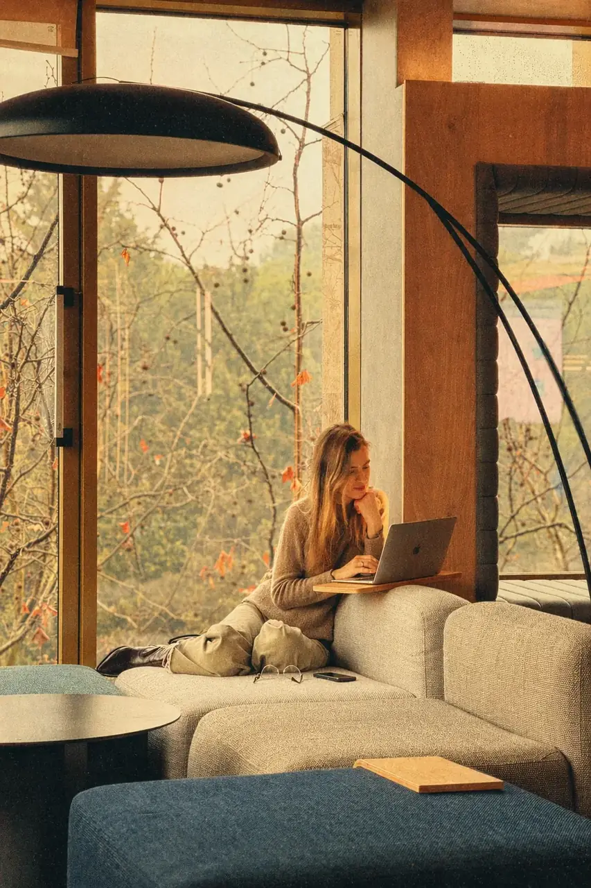Coinis teammate working from a soft-lit lounge corner in the office