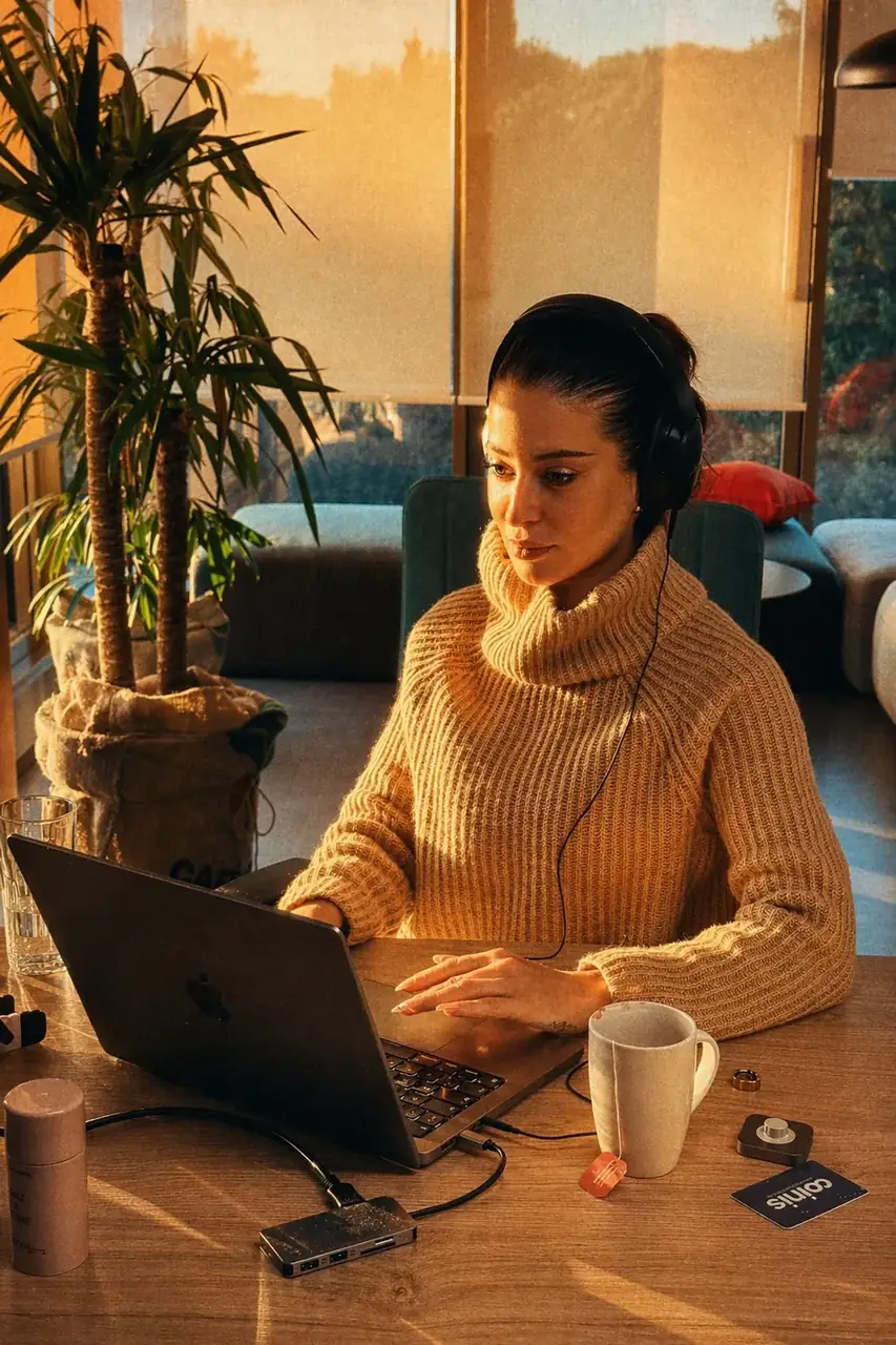 Coinis teammate at a sunny desk working in the afternoon light