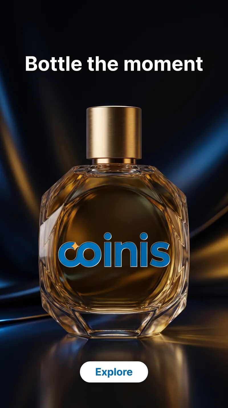 Aspirational AI-generated beauty ad for Coinis perfume with gold and blue accents