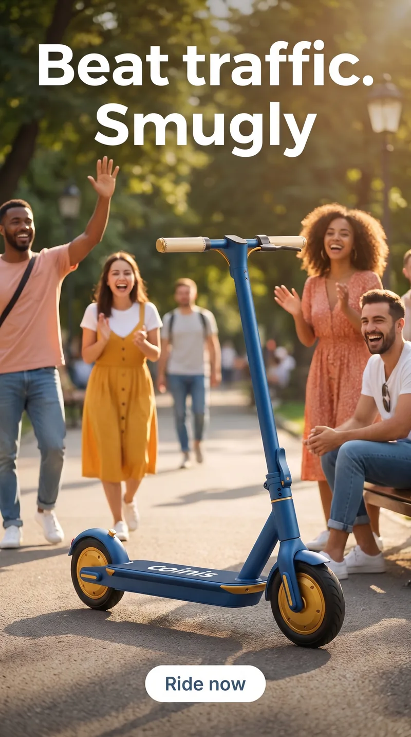 Transportation vertical ad for an electric scooter showing people in a park setting
