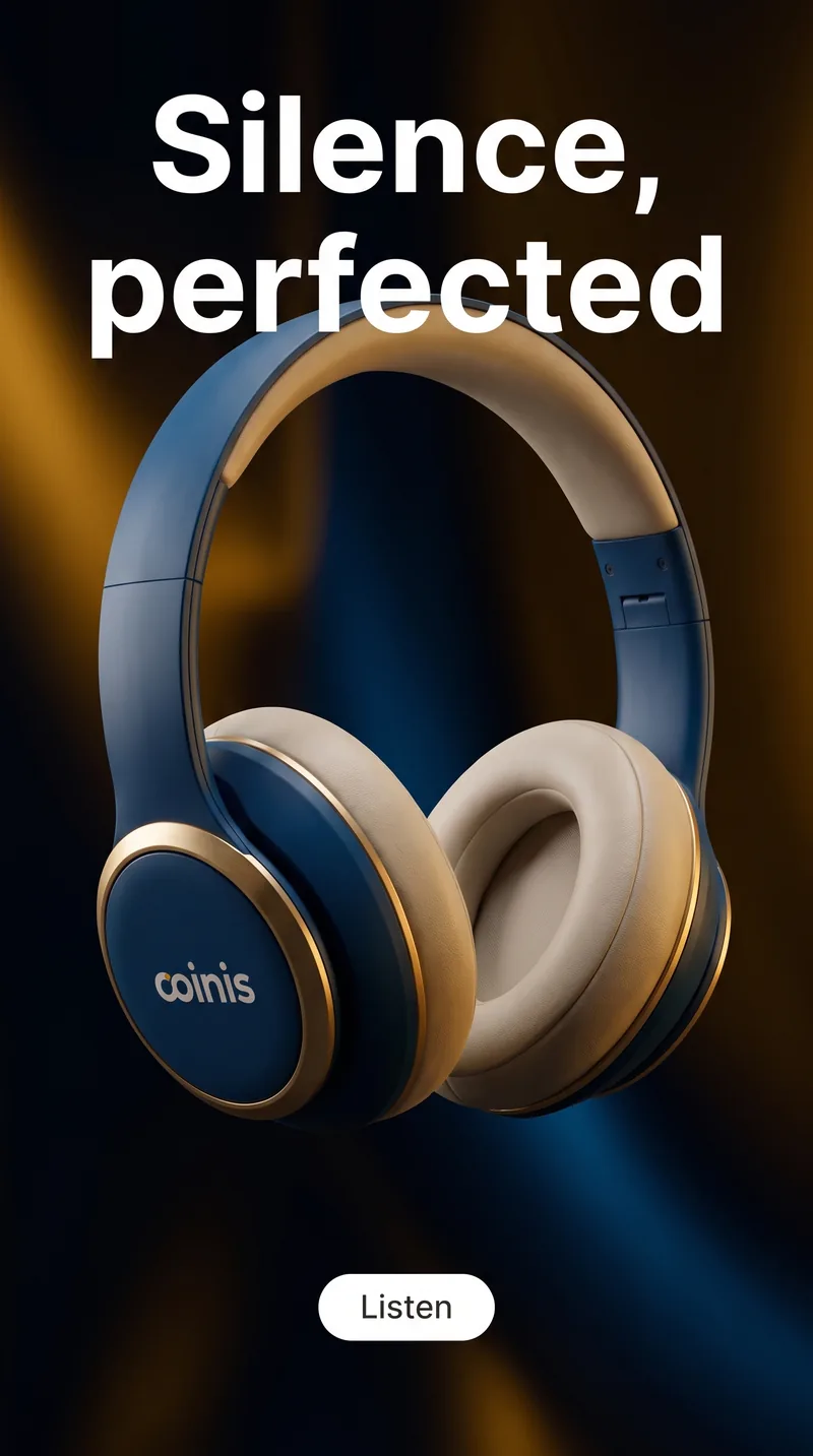 AI-generated tech audio ad for Coinis headphones featuring a sleek blue and gold design
