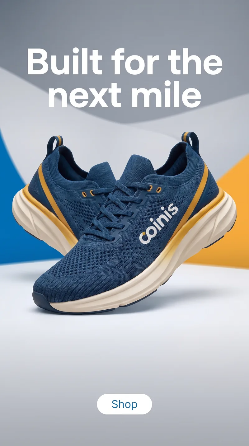 AI-generated Facebook ad poster for Coinis running shoes from a single product photo