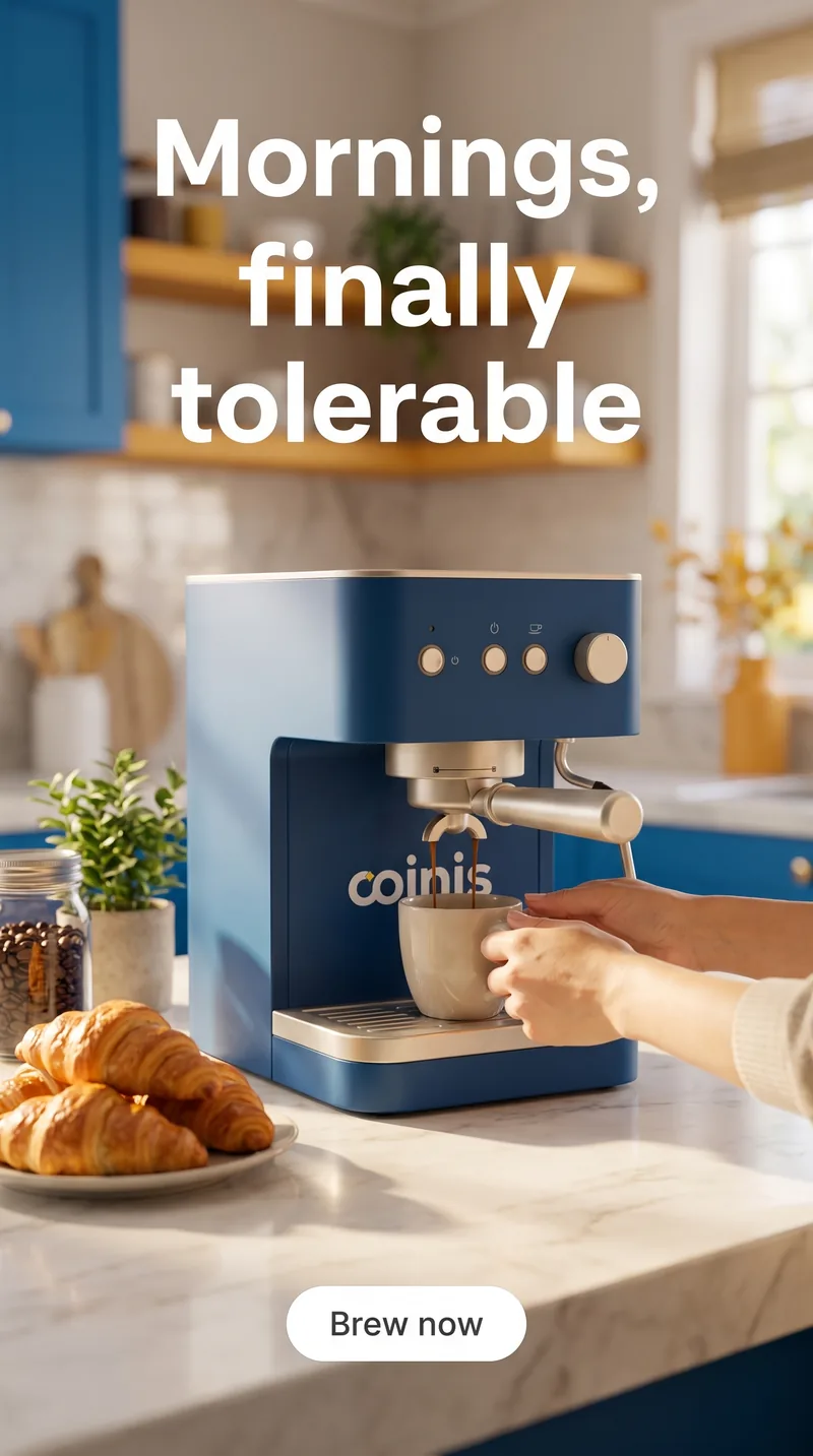 AI-generated home appliance ad for a Coinis espresso machine with a lifestyle coffee setting