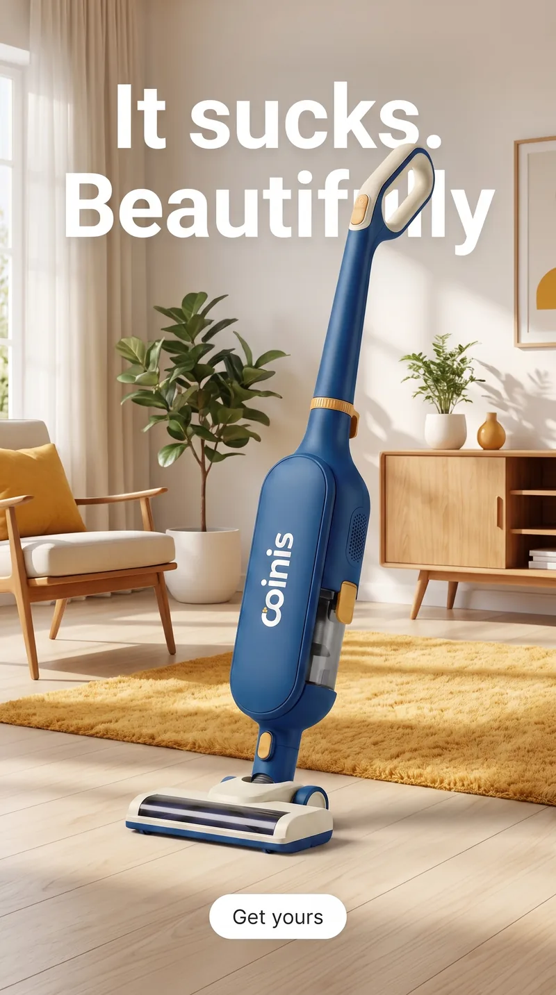 Home vertical ad for a Coinis cordless vacuum cleaner in a modern living room
