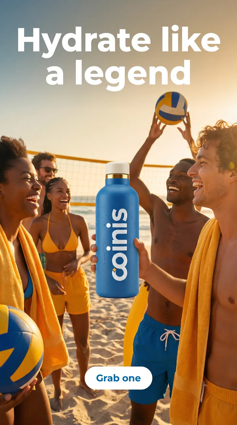 Beverage vertical ad featuring people playing volleyball and holding a Coinis water bottle