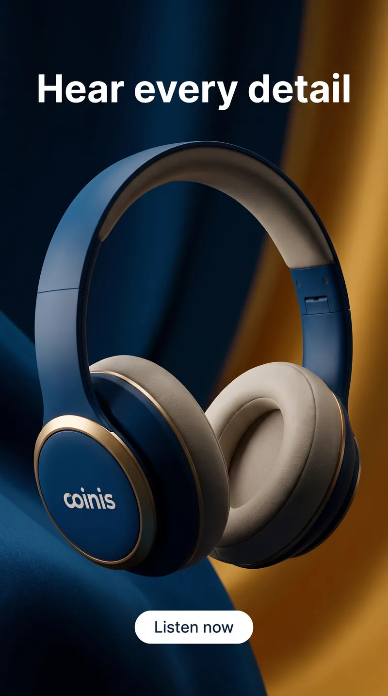 Tech audio ad for Coinis headphones emphasizing high-fidelity sound and premium build