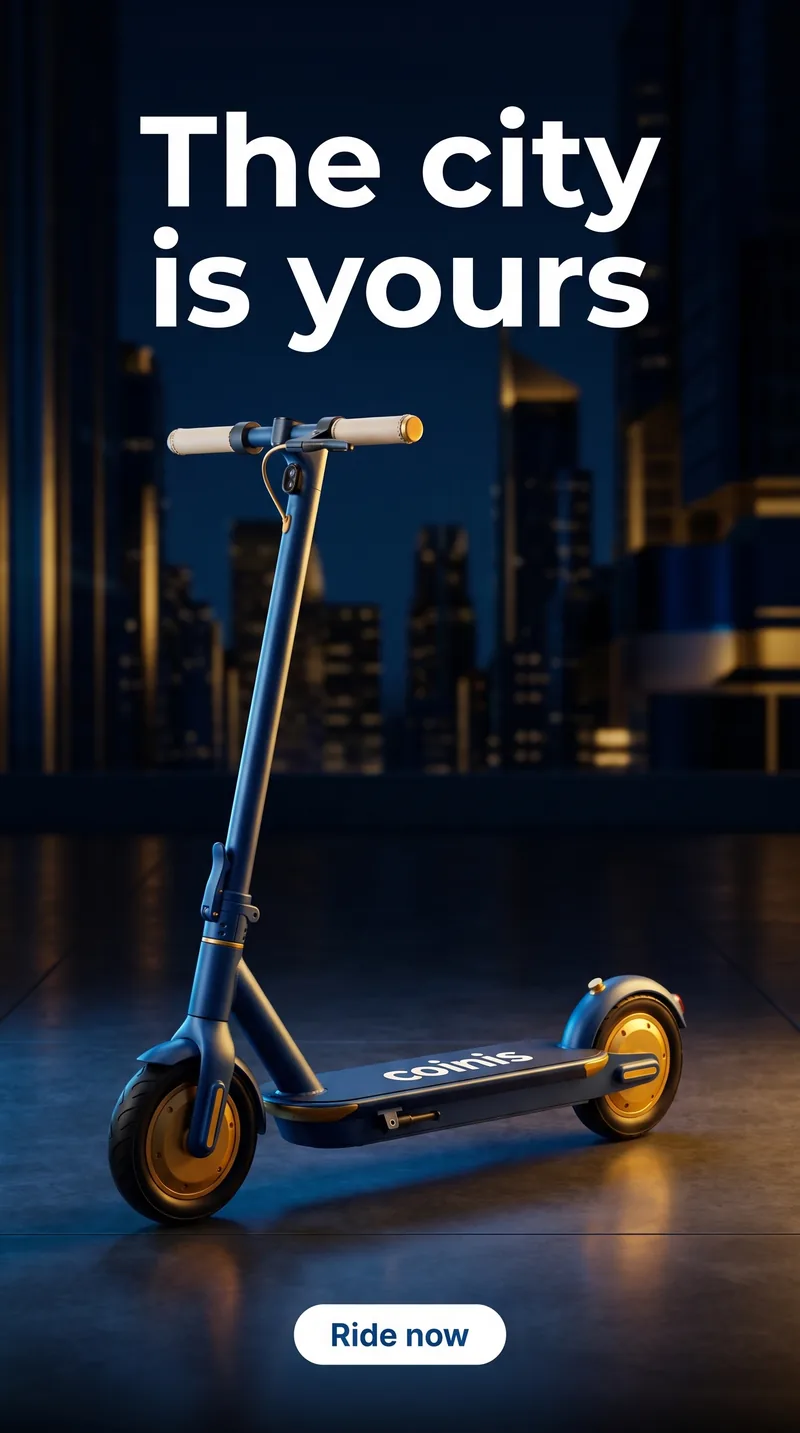 Lifestyle hero ad for an electric scooter in a city at night with blue lighting