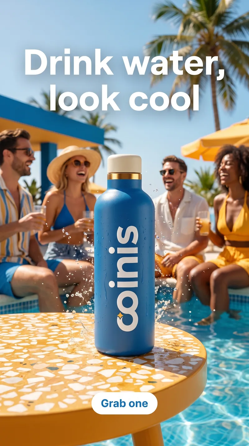 Instagram ad for a water bottle featuring friends by a pool