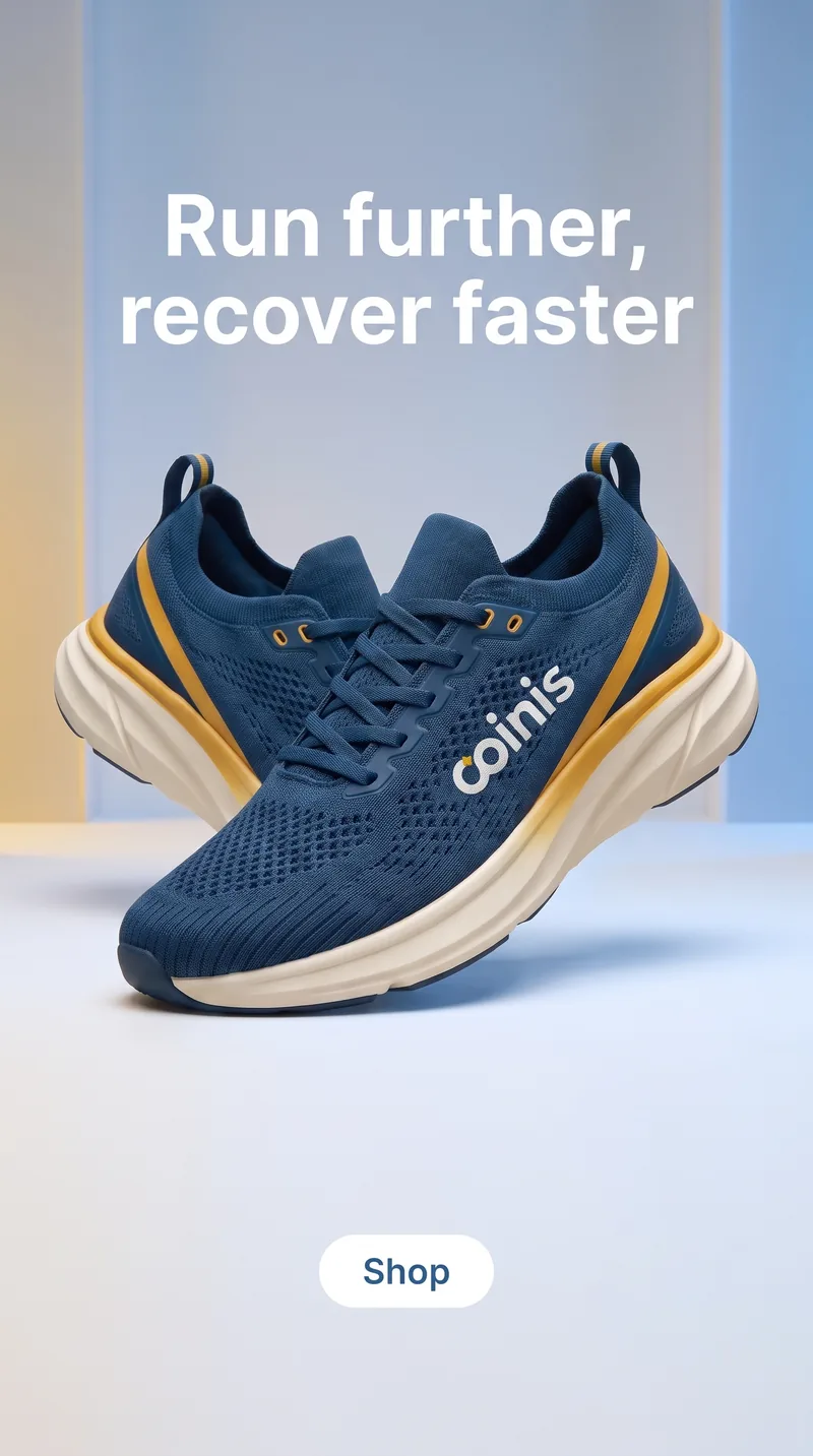 AI-generated vertical ad for Coinis footwear featuring performance running shoes and recovery benefits