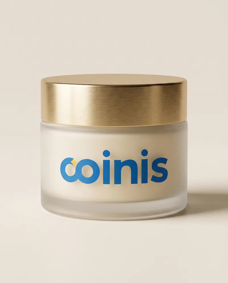 Studio product shot of a frosted glass skincare jar with a gold lid