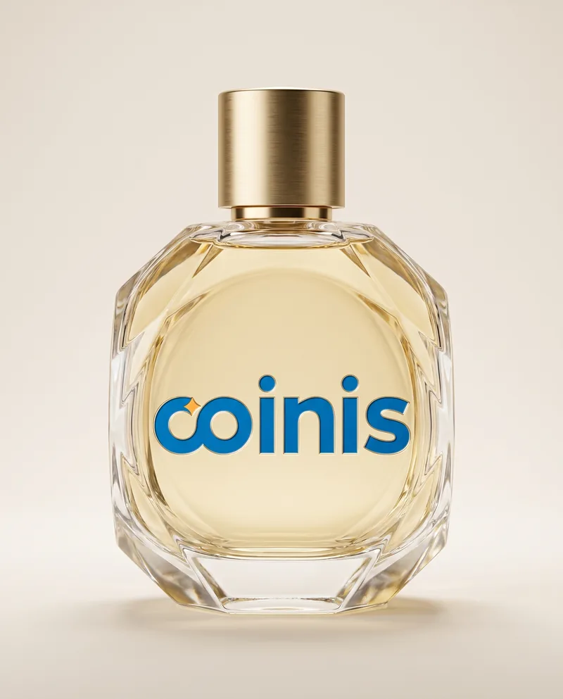 Elegant glass perfume bottle with gold cap and blue Coinis logo for a beauty collection