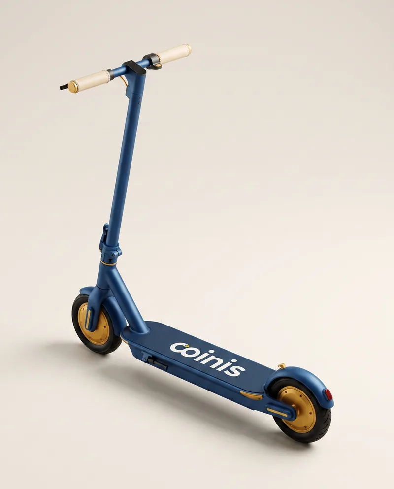 Amazon hero image of a blue electric scooter with gold accents