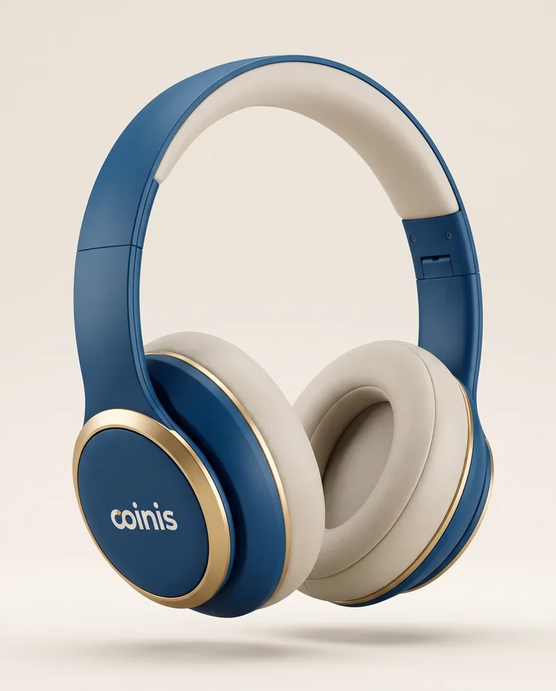 Studio cutout of Coinis blue and gold over-ear headphones with premium metallic accents