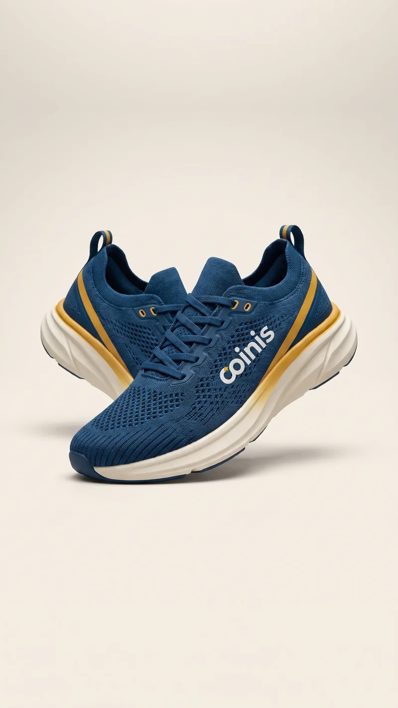 Studio product photography of Coinis blue running shoes with yellow accents on a clean background