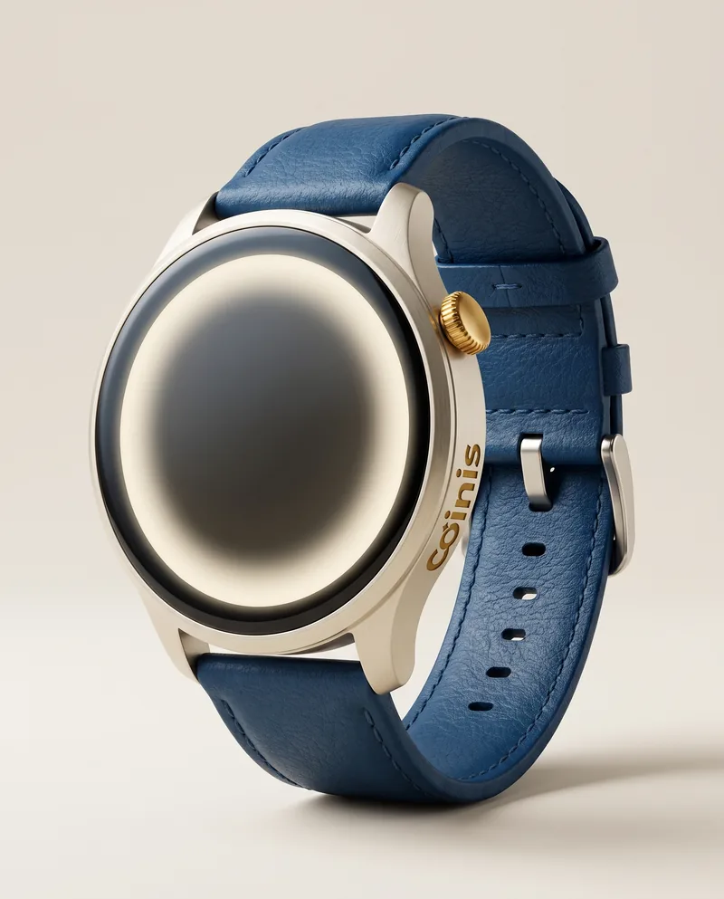 Product photography of a smartwatch with a blue leather strap