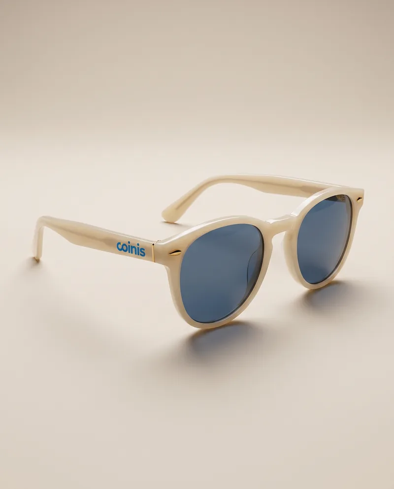 Studio product photo of cream sunglasses with blue lenses