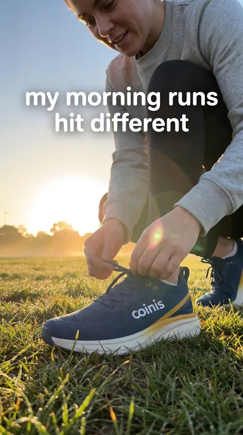 UGC-style AI ad of a woman tying Coinis running shoes at sunrise
