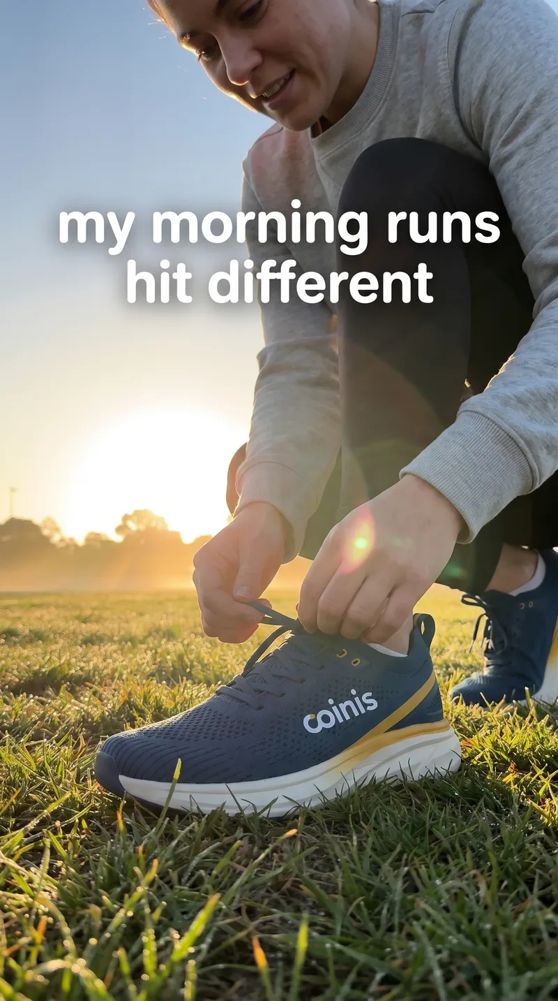 UGC style photo of a woman tying Coinis running shoes at sunrise for social proof