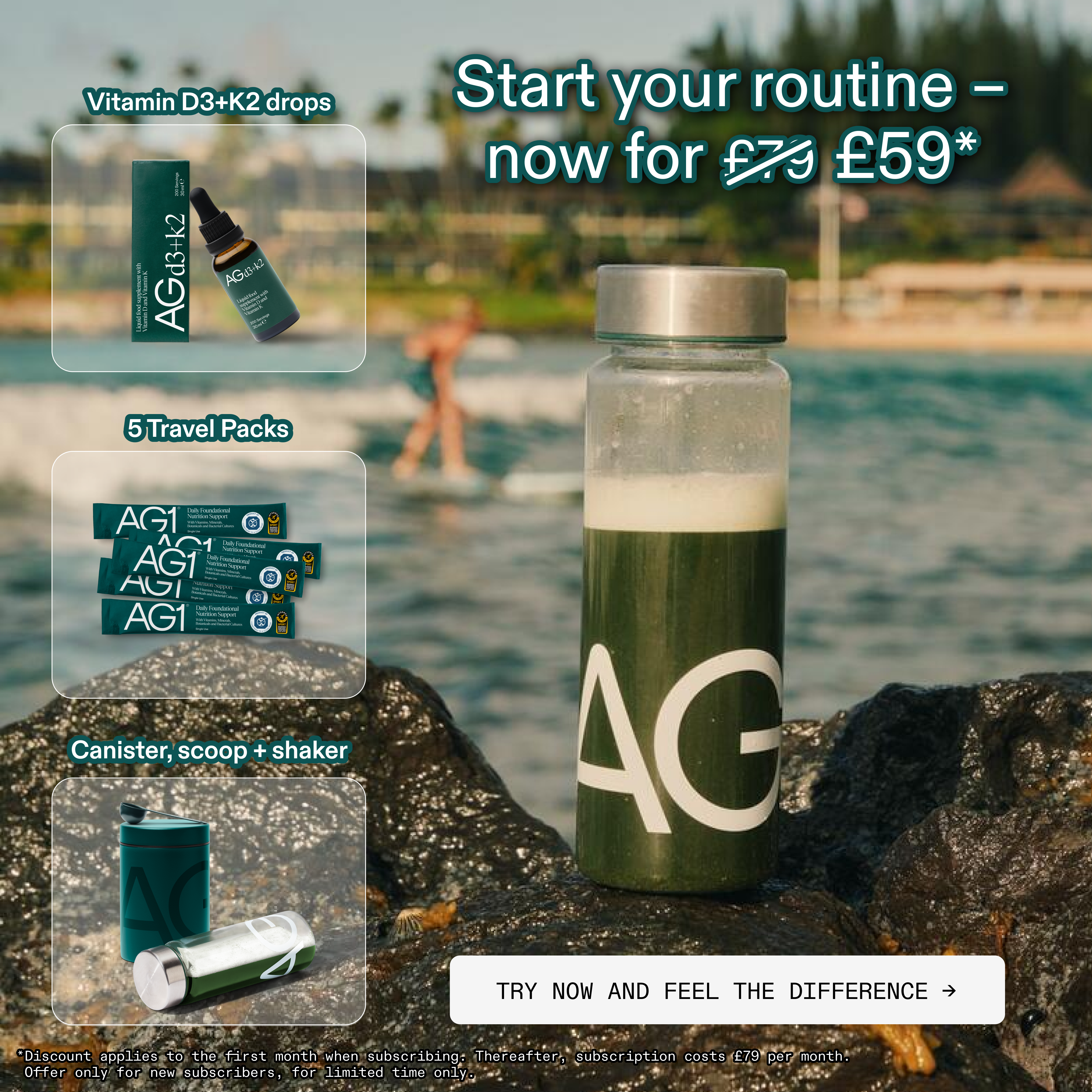 Supplements Facebook ad example 17: Upgrade Your Routine: Save £20 on your AG1 Welcome Kit