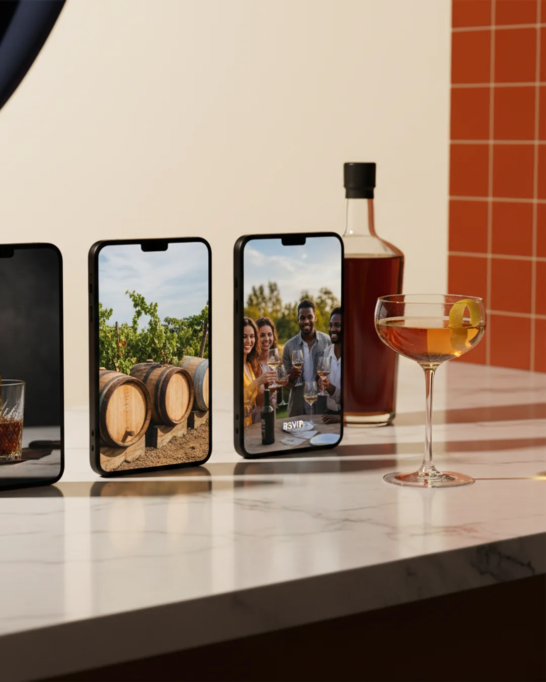 Three Coinis-generated alcohol lifestyle ads beside a coupe glass