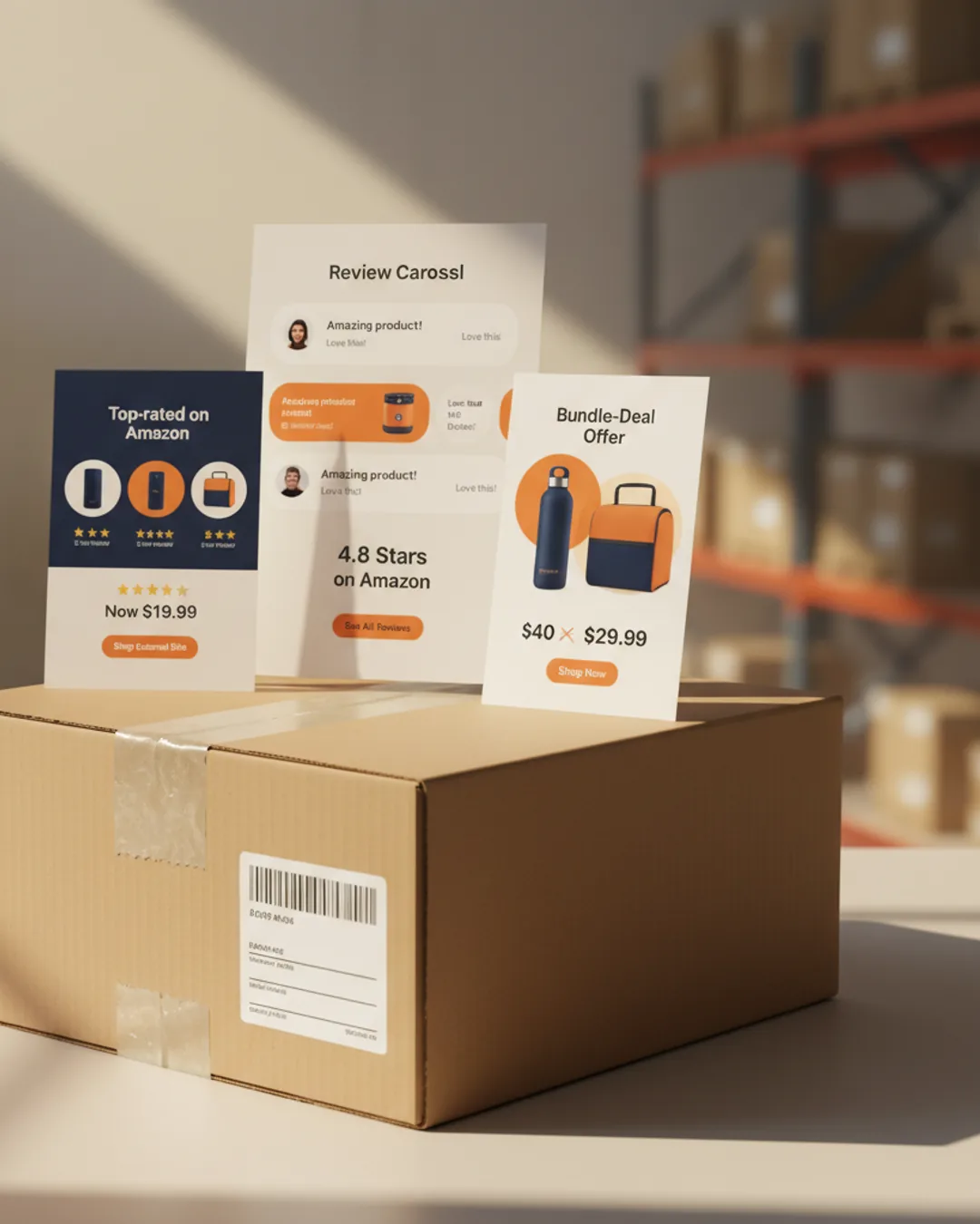 Three Coinis-generated Amazon seller ads on a shipping box