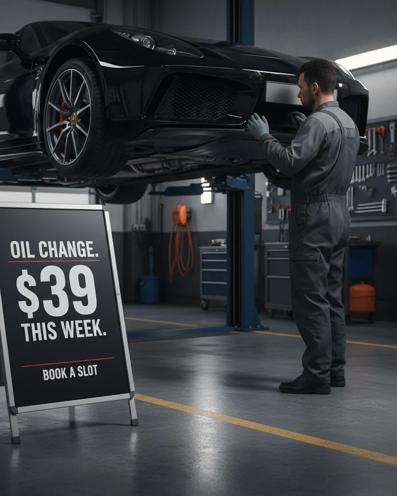 Automotive ad creative example 3: Oil change. $39. This week.