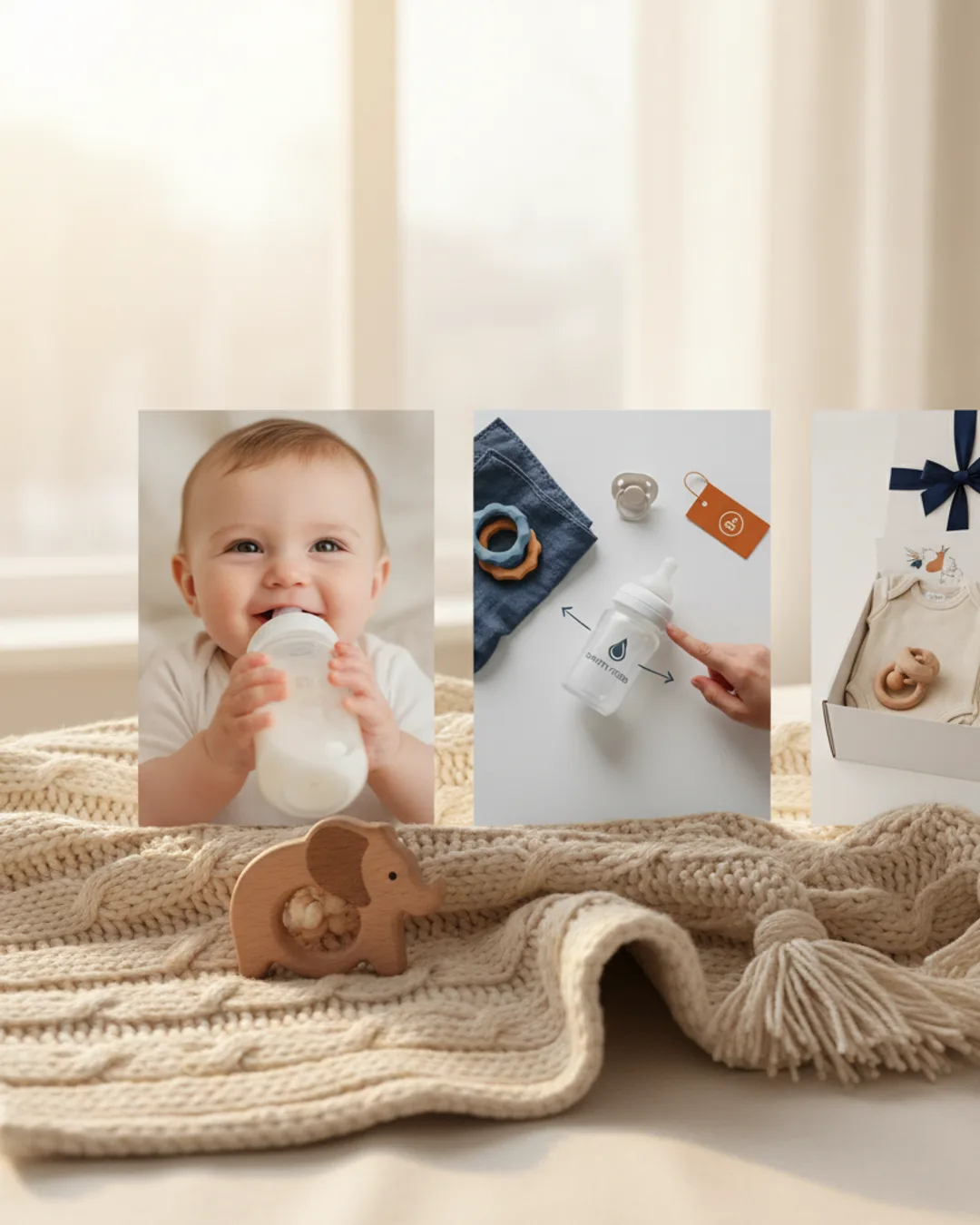 Three Coinis-generated baby product ads on a knit blanket