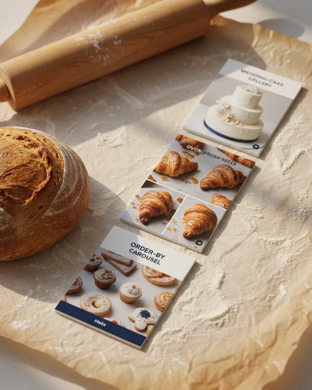 Three Coinis-generated bakery ads on flour-dusted parchment