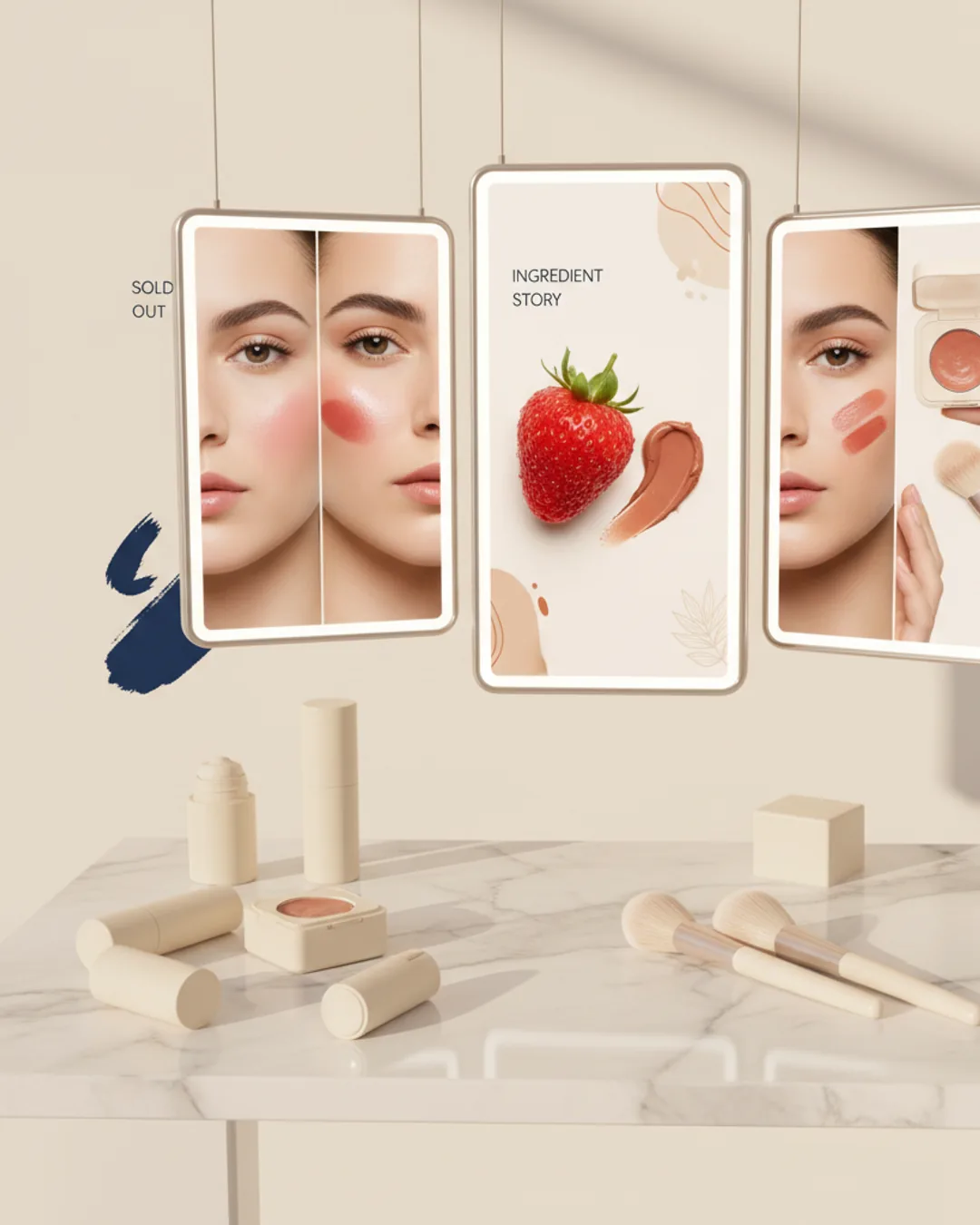 Three Coinis-generated beauty ad mockups on a marble vanity