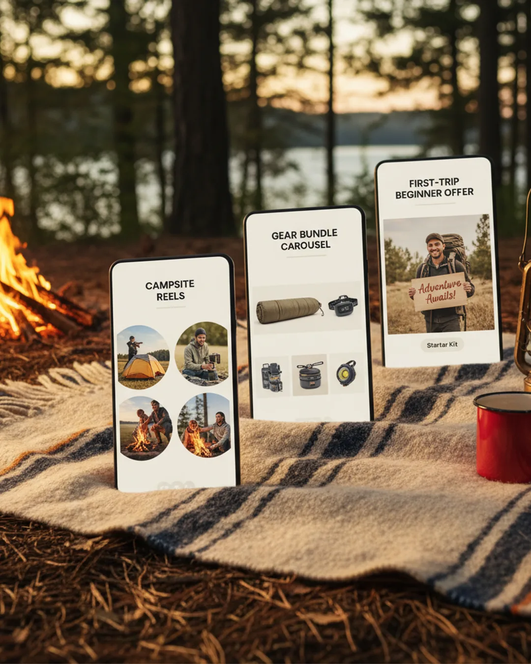 Three Coinis-generated camping gear ads on a wool blanket