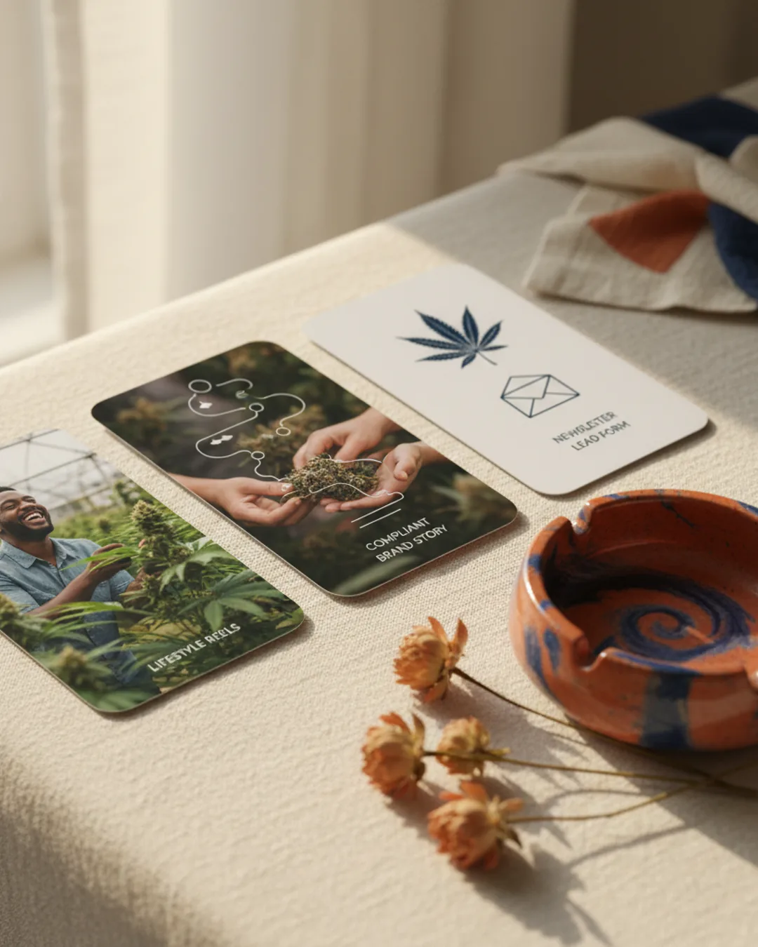 Three Coinis-generated cannabis lifestyle ads on linen