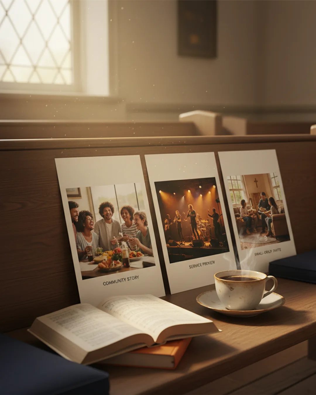 Three Coinis-generated church visitor ads on a pew bench