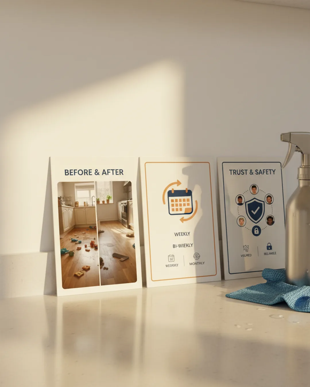Three Coinis-generated cleaning service ads on a kitchen counter