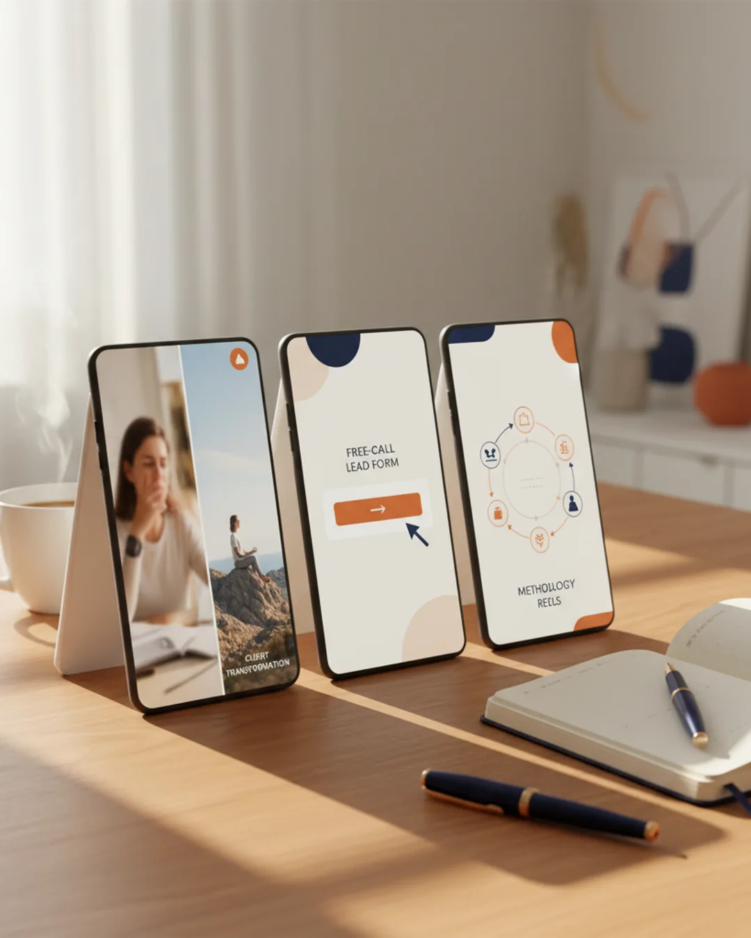 Three Coinis-generated coaching ads on a coach's desk