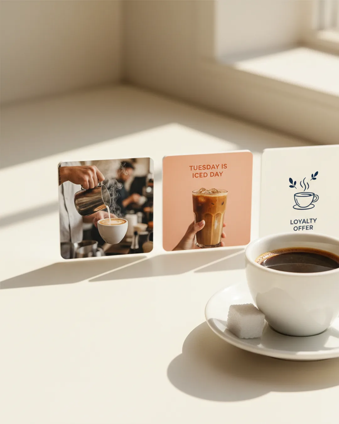 Three Coinis-generated coffee shop ads beside an espresso cup