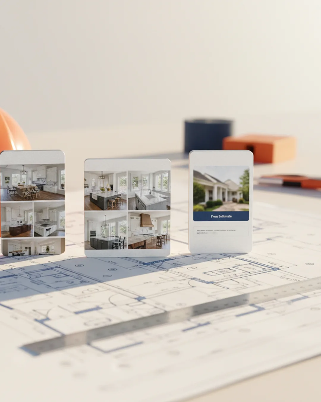 Three Coinis-generated construction ads on a blueprint with a hard hat