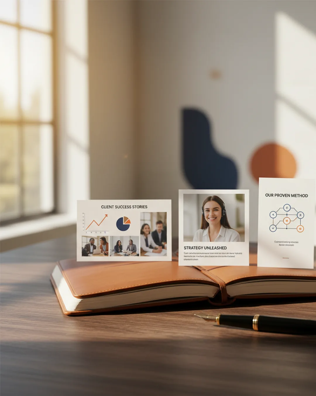 Three Coinis-generated consulting ads on a leather notebook