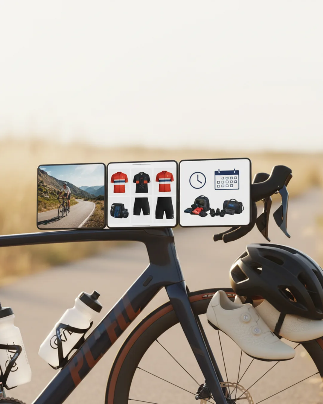 Three Coinis-generated cycling gear ads on a road bike